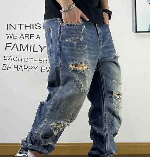 Men’S Hip Hop Slim Fit Ripped Baggy Straight Denim Pants Full Length Button Fly Distressed Streetwear Casual Jeans2