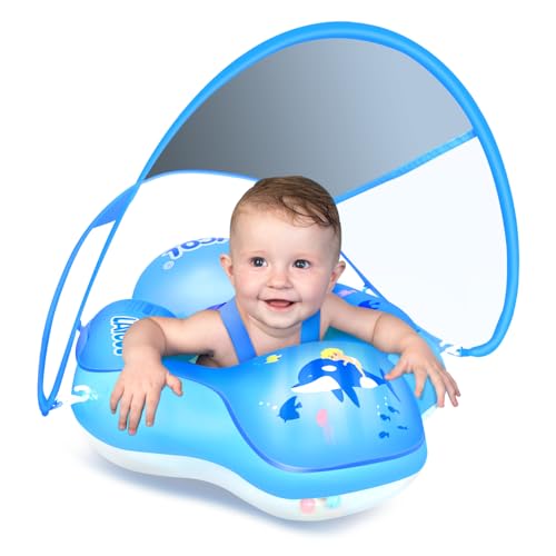 Image of LAYCOL Baby Pool Float with Canopy UPF50+, 5 Point Safety Buckle No Flip Over, Toddler Floaties Infant Pool Floats with Double Air Chambers, Baby Beach Essentials/Traval for 3-36M Blue L