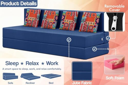 Image of Rosebell 4 Seater Foldable Sofa Cum Bed (6x6 Feet) Jute Fabric, Washable Removable Cover | Space Saving Convertible Sofa Bed for Home, Office & Guests - Blue