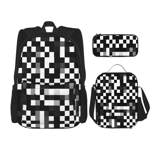 3Pcs Versatile Adjustable Large Capacity Black White Formula Checkered Pattern Print Backpack Lunch Box and Pencil Case