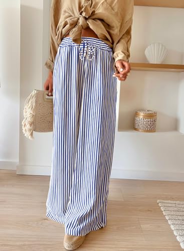 Image of Acelitt Women Casual Drawstring Elastic Waist Striped Wide Leg Pants with Pockets, S-XXL