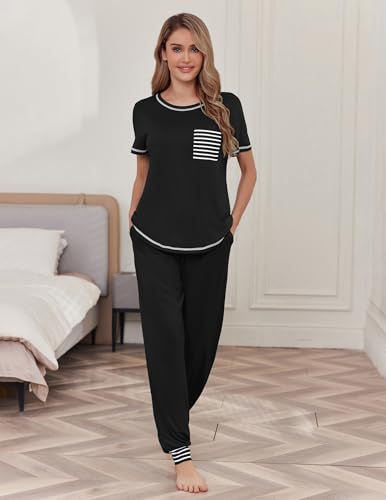 Ekouaer Pajama Sets for Women Short Sleeve Pjs Sets 2 Piece Loungewear Sleepwear with Long Joggers Pants2