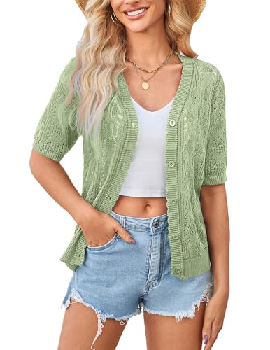 Image of Yekaty Womens 2026 Short Sleeve Crochet Summer Cardigan Cropped Button Sweater Lightweight Shrug for Dress