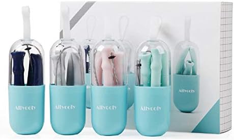 Allyooly Reusable Straws Silicone Straws - Portable Collapsible Straw with Case and Straw Cleaning Brush,20 oz Tumbler Compatible for Travel,Office,Party Favor (Straws with Blue Case, 10inch)