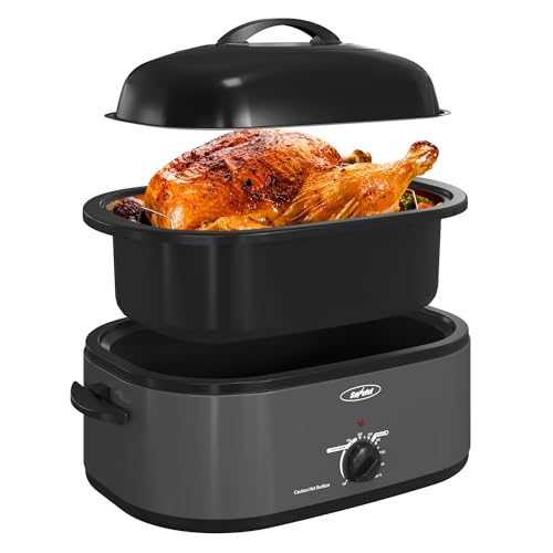RoyalCraft 26-Quart Electric Roaster Oven with Visible Self-Basting Lid, Turkey Roaster Oven with Removable Pan and Rack, Perfect for Large Meals and Holiday Feasts, Grey