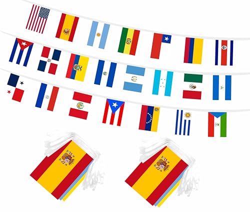 LUSEOAN 2 Set 22 Countries Spanish Speaking Flags Banner String - Assorted Latin America Latino Bunting Banners Flag for School Office Classroom International Sports Bar Heritage Hispanic Month Decorations 60 Ft 44 Flags