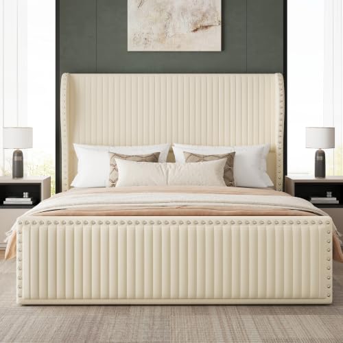 Belffin Queen Size Bed Frame with 55" Headboard Nailhead Trim Design, White
