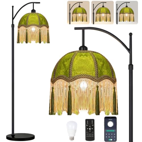 QIYIZM Arc Floor Lamp for Living Room,Bedroom,Standing Lamp with Remote Dimmable,Green Mid Century Black Tall Lamp Boho Vintage Retro Fringe Tassel Flower Velvet Unique Lamp Victorian Tiffany Decor