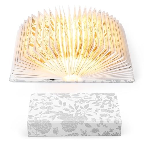 ZBOLE Floral Print Book Light,3-Color Book Lamp Book Lovers Gifts | 1200mAh Portable Foldable Paper Desk Lamp | Night Reading Bookshelf Lamp, Gifts for Women Birthday Ambient Lighting(White Silver)