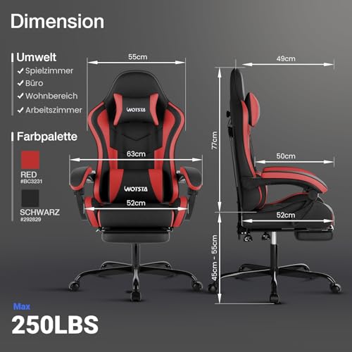 WOTSTA Gaming Stuhl Computerstuhl Ergonomischer Gaming Chair mit Fußstütze – Ansicht 2