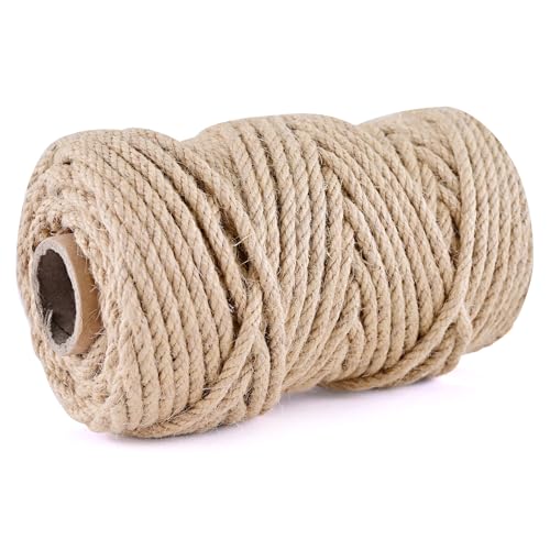 Cuerda de yute natural de 328 pies, 5 mm, cuerda gruesa trenzada de 3 capas, rollo de cuerda de yute fuerte para manualidades, envoltura de regalos, jardinería, decoración del hogar, agrupar postes