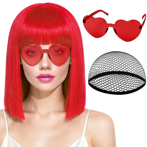 PLULON Red Bob Wig with Bangs Short Straight Bob Wig with Heart Sunglasses 12 Inch Shoulder Length Heat Resistant Synthetic Hair Cap for Women Natural Look Daily Use Cosplay Costume Party