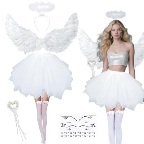 Engel Kostüm Damen Set, 80CM Engelsflügel Weiß Erwachsenes 6 Stück engelskostüm damen mit Heiligenschein engel flügel Tütü Rock Kniestrümpfe,...
