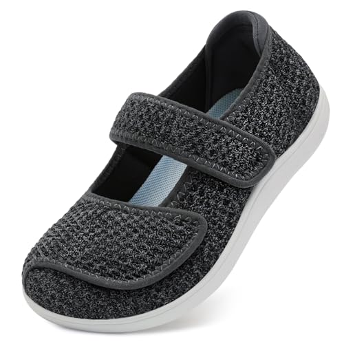 JOINFREE Barefoot Shoes Women Wide Diabetic Walking Shoe Slip On Zero Drop Adjuastable Breathable Casual Arthritis Edema Minimal Anti-Slip Sneakers BlackGrey Size 11