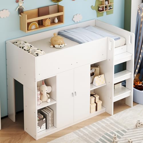 LAKFEW Cama Infantil Cama Alta 90x200 cm con Armario y Estantes de Almacenamiento, Camas Infantiles con Escalera y Protección Anticaída, Camas Altas de Madera, Cama Tren, Blanco, Sin Colchon