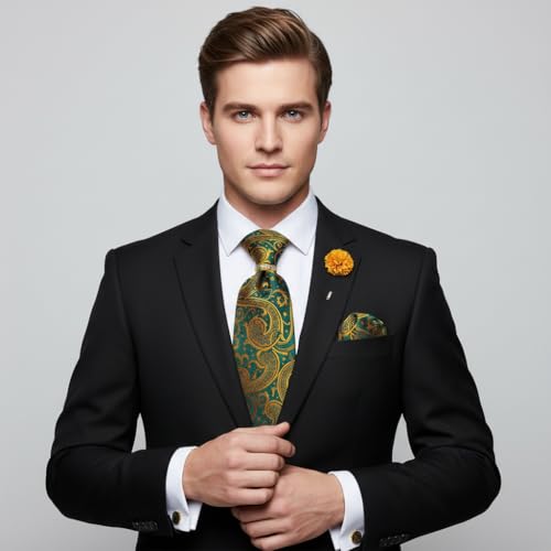 Image of 5PCS Tie and Pocket Square for Men, Silk Necktie and Handkerchief Cufflinks with Gold Ring and Lapel Pin Set