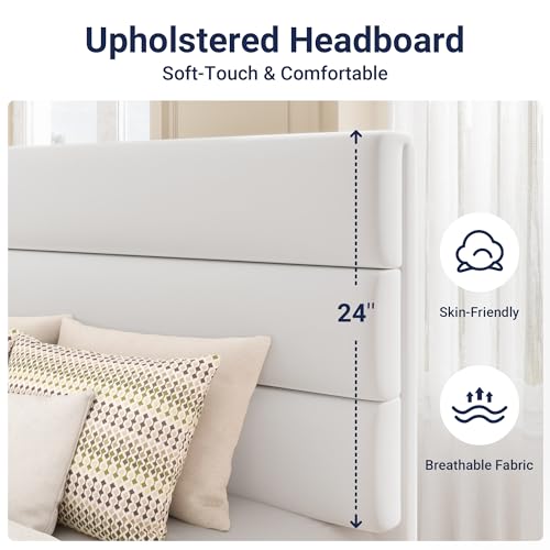 Allewie Twin Size Platform Bed Frame with Velvet Upholstered Headboard and Wooden Slats Support, Fully Upholstered Mattress Foundation/No Box Spring Needed/Easy Assembly, White