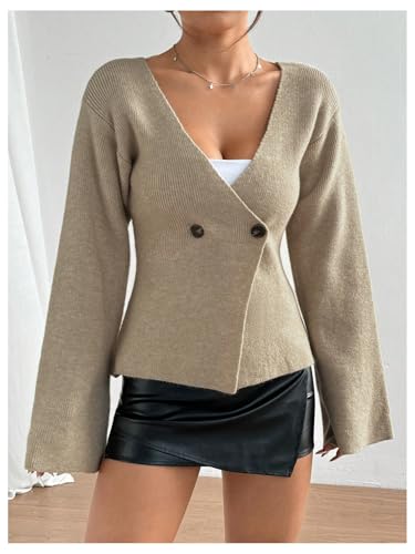 Verdusa Women's V Neck Button Wrap Cozy Cardigan Sweater Flare Sleeve Old Money Clothes4
