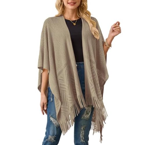 Ferand Women's Lightweight Crochet Shawl Wraps Open Front Knit Fringe Poncho for Spring Summer Khaki