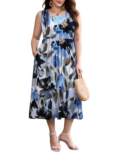 Image of LARACE Women's Plus Size Sleeveless Maxi Dress Casual Crew Neck Pleated Flowy Long Dresses with Pockets L-6XL