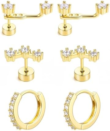 Gold Huggie Hoop Earrings Set for Women, Dainty Small Birthstone Jacket, Stud Earrings, Huggie Earring Stacks for Multiple Piercings, 925 Sterling Silver, Hypoallergenic Earrings, Trendy