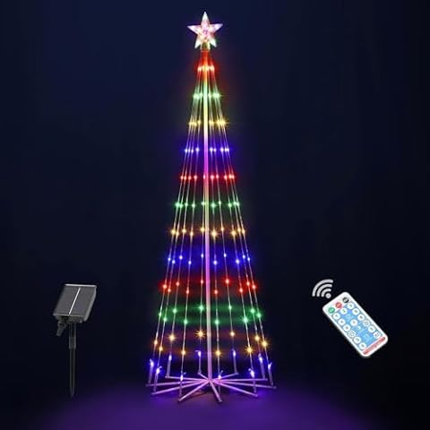 DAMEING 6FT Solar Outdoor Christmas Cone Tree Lights with Remote, LED String Lights Cone Tree Waterproof Star Lights Christmas Tree for Outside Yard Indoor Decoration Cover