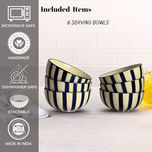 Image of Freakway Blue Striped Ceramic Bowls Set | Handcrafted Stoneware for Snacks, Soup, Dessert & Serving | Premium Tableware | Set of 6