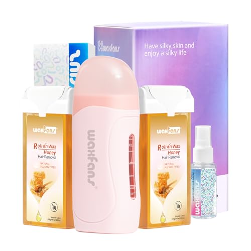 Image of Waxfans Roll on Wax Kit, Waxing Kit for Women and Men, Wax Roller Waxing Kit for All Skin Types, Roll on Waxing Kit for Hair Removal, Wax Cartridges & 50 Pcs Wax Strips (Honey)