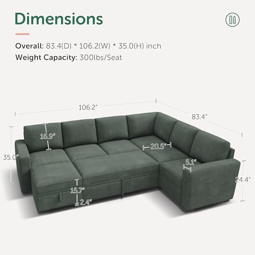 Image of HONBAY Modular Sectional Sleeper Sofa with Pull Out Bed, Corduroy Couch with Storage Seats Ottoman, U Shaped Sectional Couches for Living Room, Green