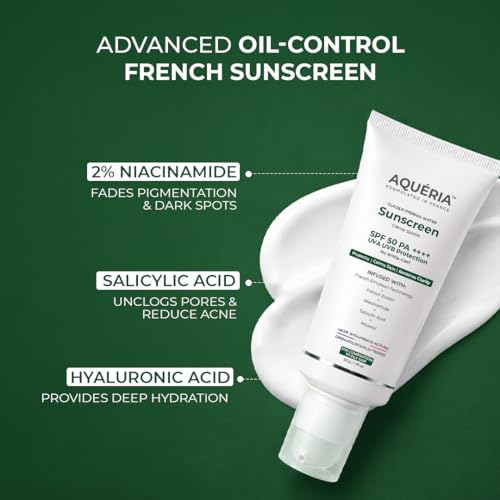 Image of Aqueria Oil Control Brightening Gel Multi-Active French Sunscreen SPF 50 PA++++ | In-Vivo /In-Vitro Tested | 2% Niacinamide, BHA & Hyaluronic Acid | Modern UV Filters | Broad Spectrum UVA /UVB & Blue Light Protection | Lightweight, Non-Greasy, No White Cast | Suitable for Daily Use | For Oily, Acne-Prone & Combination Skin | 100g