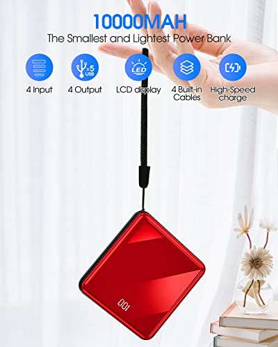 Power Bank with Built in Cables, 10000mAh Slim Portable Charger LED Display, Small External Battery Pack with 4 Inputs and 5 Outputs Phone Charger for iPhone Samsung Huawei iPad xiaomi etc(red)