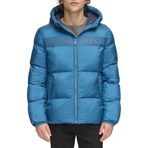 Tommy Hilfiger Chaqueta acolchada con estampado de logotipo fantasma para hombre, azul, talla M