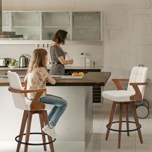 Butaco MEKLIBA de 26 pulgadas, tapizado en cuero sintético, con respaldo y brazos, giratorio, para isla de cocina, set de 3 unidades, color beige miniatura 5