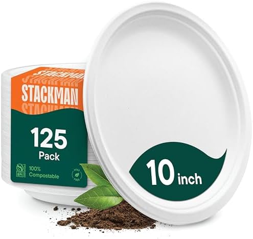 100% Compostable Disposable Paper Plates [125-Pack] - (PFAS-Free) - [10 Inch] Heavy Duty, Eco-Friendly, Biodegradable Bagasse Dinner Plates - Natural Brown 10" Plate by Stack Man (BPI Certified)