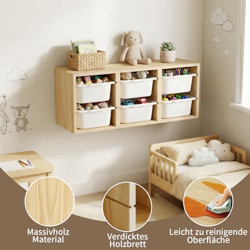 Giklux Montessori-Spielzeugregal aus Massivholz zur Wandmontage mit 6 Fächern, Spielzeugablage mit Ablagefläche zum Lernen und Spielen, Aufbewahrung für Kinderbücher, platzsparende Hängebox
