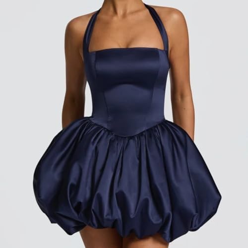 Image of Women's Y2K Sexy Halter Corset Mini Dress Backless Corset Bubble Ruched Waist Club Party Dresses