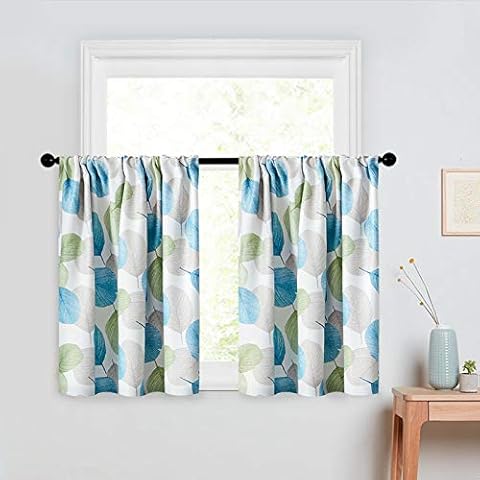 MRTREES Blackout Tier Curtain, Short Kitchen Tiers Cafe Curtains Rod Pocket, Leaves Printed Triple Weave Bathroom Small Window Panels Treatments Set for Basement/Bedroom(2 Panels, 34x36 Inches, Green) Cover