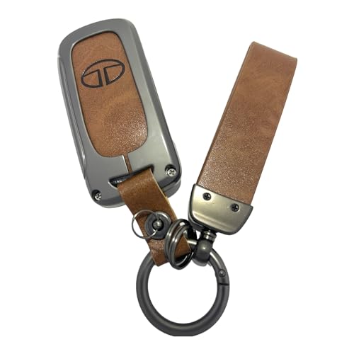 Image of Zinc Metal Alloy Leather Car Key Cover & Case Brown with Keychain & Holder fit for TATA Nexon, Punch, Altroz, Tigor, Tiago, Harrier, Zets, Bolt, Hexa, Storme (3 BT Flip Key)
