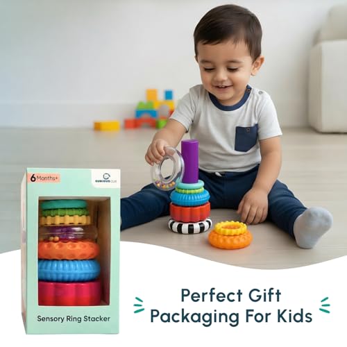 Image of Curious Cub Ring Stacker Baby Toy for 6+ Month Old Baby with Different Sensory Rings & Rattle | Stacking Montessori Learning Toy for Early Brain Development for Kids & Infants