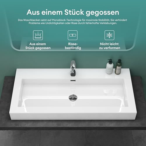 Mai & Mai Waschbecken Col18 Hängewaschtisch Aufsatzwaschbecken Mineralguss Weiß 1 Armaturenloch rechteckig Breite: 100 cm