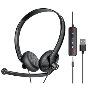USB Headset with Microphone for PC Laptop – Wired Computer Headphones with Noise Cancelling Microphone for Home Office Online Class Skype Zoom Meetings,in Line Mute Controls