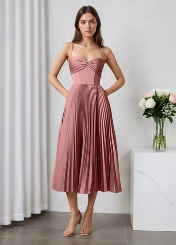 Tea Length Satin Bridesmaid Dresses for Wedding Pleated A Line Midi Prom Formal Evening Gown4