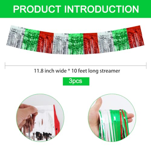 Image of BEISHIDA 3Pack Red Green Silver Foil Fringe Garland 30ft Wall Tinsel Banner