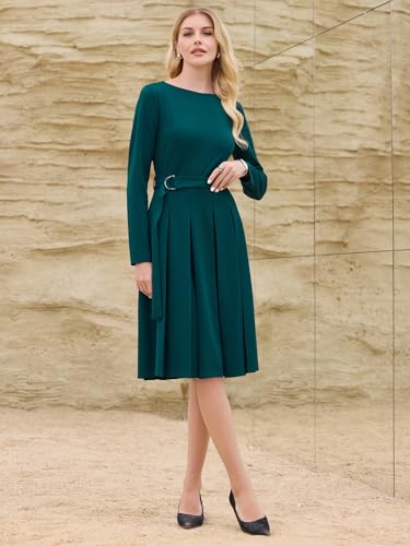 Women's Pleated Dress Long Sleeve Crew Neck Tie Waist Business Work A Line Dresses3