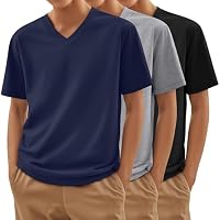 LessonZoo 3-Pack Boys V Neck Short Sleeve T Shirts, 3-Color, Large