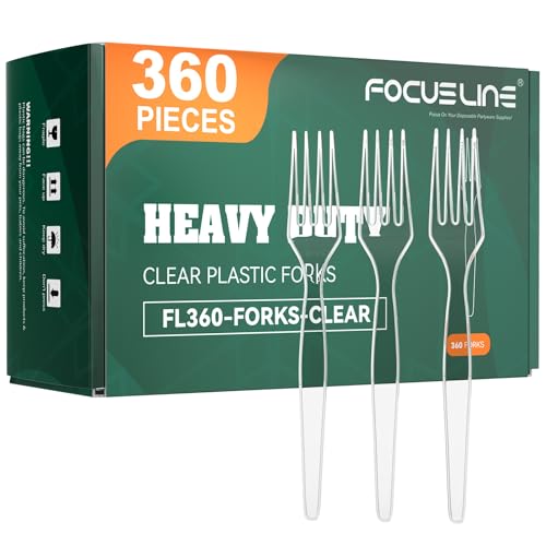 FOCUSLINE 360 Count Clear Plastic Forks Heavy Duty Solid and Durable Premium Disposable Forks Bulk Suitable for Catering Parties Events and Everyday Use