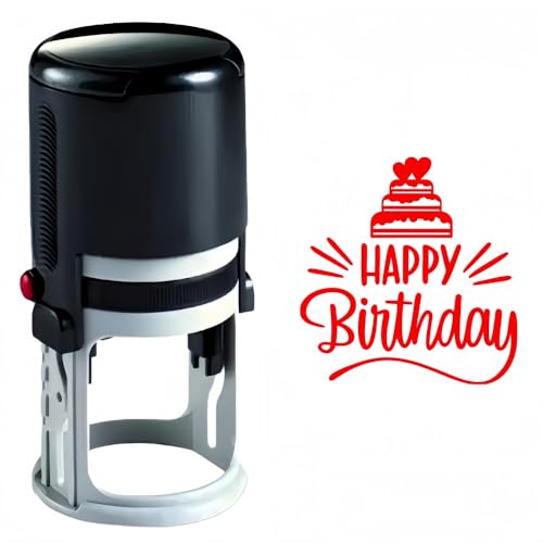 Happy Birthday Self Inking Stamp Reusable Self-Inking Stamps for DIY Art Craft Card Making Birthday Wishes Party Cake Shop Message Stamp with Clear Impressions Round 25mm/1inch Red Ink