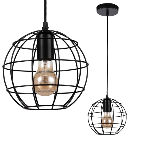 Image of OXTXO Black Metal Pendant Light, Industrial Vintage Hanging Lamp with Cage Lantern Shade – Retro Iron Ceiling Light Fixture for Bedrooms, Dining Rooms, Lofts, and Bars