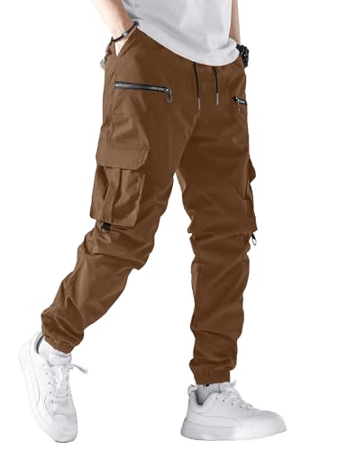 PLEPAN Men's Jogger Pants Elastic Waist Drawstring Stretch Tapered Casual Cargo Work Pants for Men Multi Pockets, Brown, XL