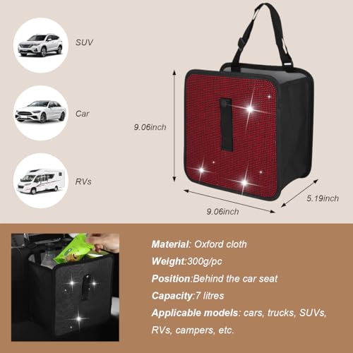 Image of Car Trash Can, Bling Rhinestone Crystal Waterproof Hanging Garbage Bag for Car Interior, Oxford Leakproof Foldable Waste Organizer Trash Bin Universal for Most Vehicles (Red)
